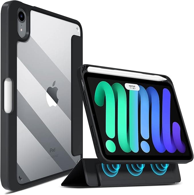 iPad mini7 ケース (2024新モデル A17 Pro) 磁気着脱式 iPad mini6 ケース (2021モデル) ipad 8.3 インチ カバー マグネット 取り外し可能なマグネット カバー Apple Pencil 収納可能（磁気吸着）オートスリープ/ウェイク 裏全透明PCカバー (ブラック)